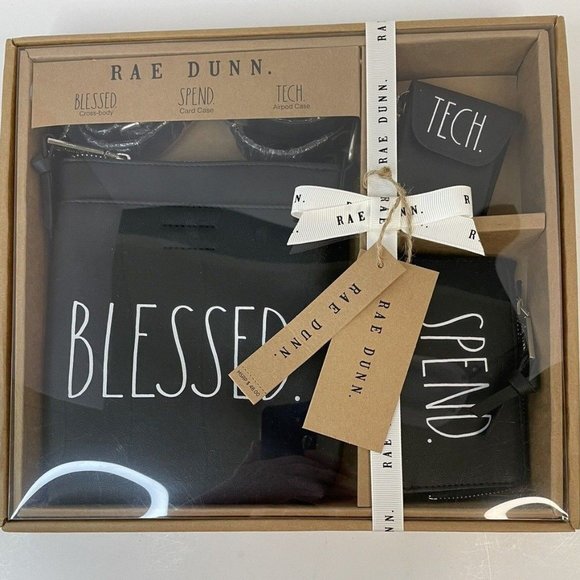 Rae Dunn Handbags - NWT Rae Dunn 3-pc Black BLESSED Crossbody Bag SPEND Card Case TECH AirPo…
